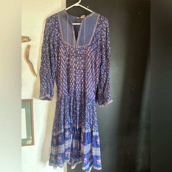 Vintage 70s Indian Cotton Gauze Blockprint Floral Boho Dress Size M - Picture 2 of 16